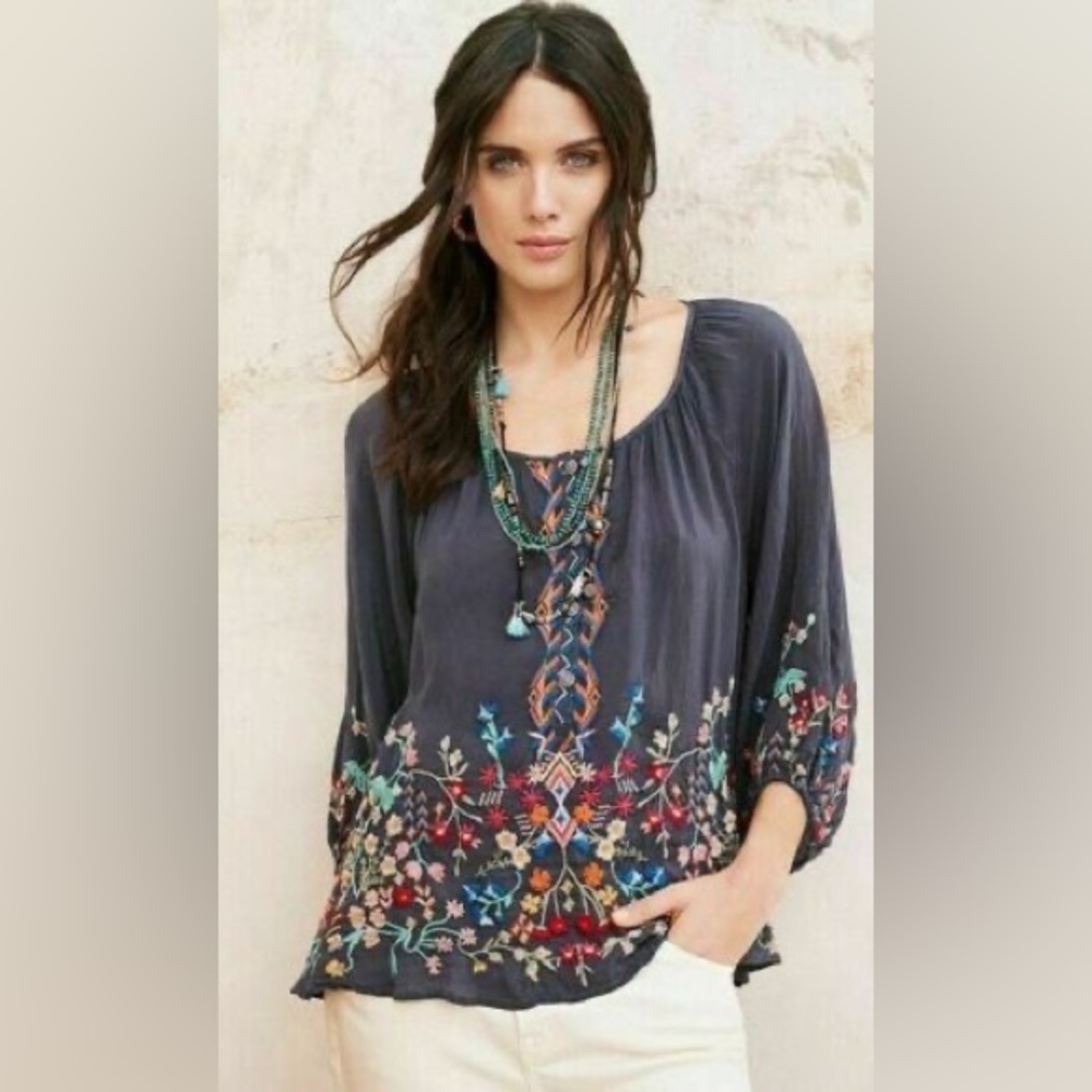 Johnny Was Graphite Sarah Scoop Neck Embroidered Georgette Top Blouse Boho XS